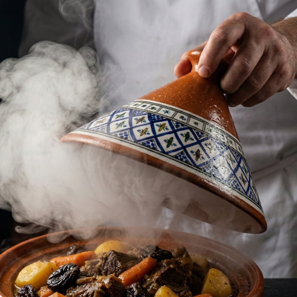 Tunisian hand-painted tagine steaming with a slow-cooked meal on an elegantly set table