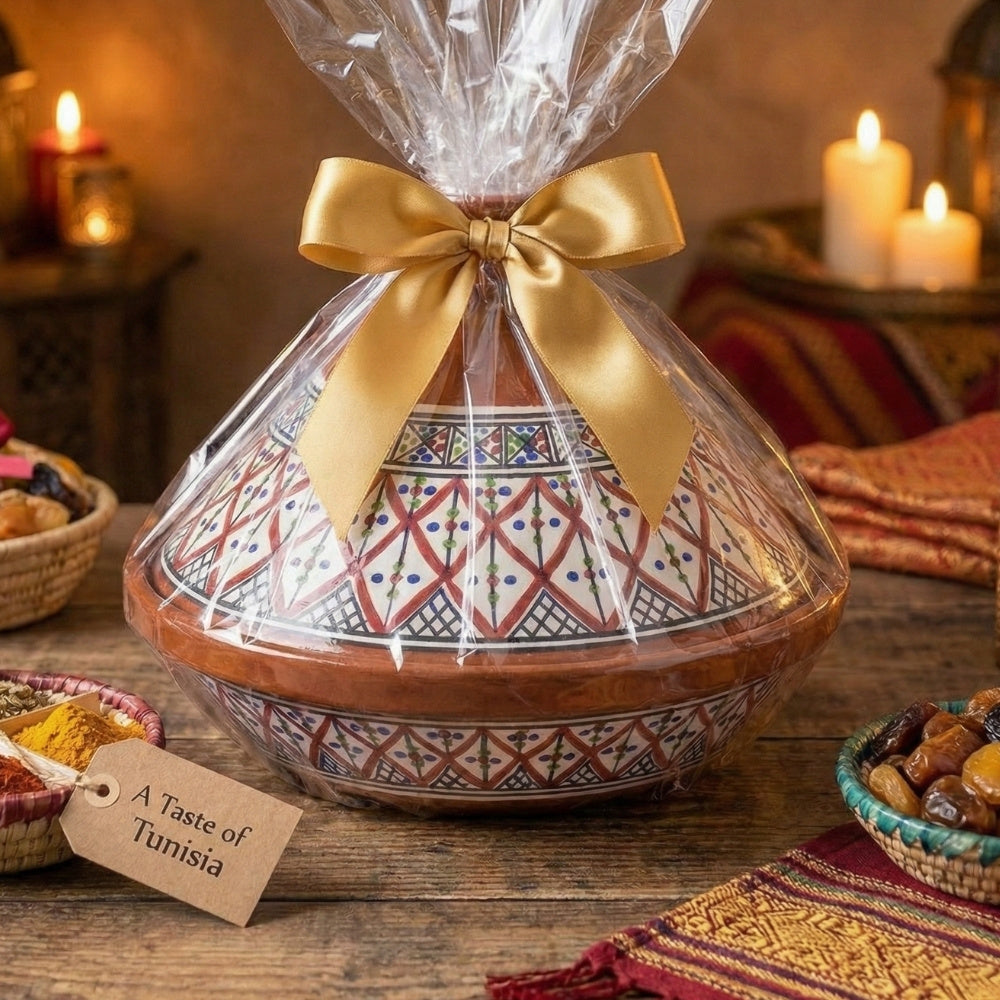 Tunisian tagine close-up showing intricate hand-painted geometric patterns