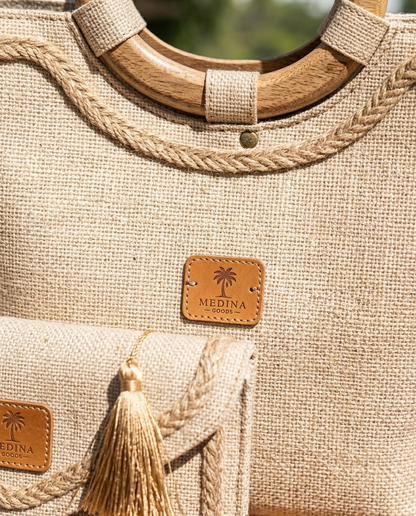 The Royal Artisanat “Médina” Ensemble: Handcrafted Jute Tote Bag & Matching Clutch