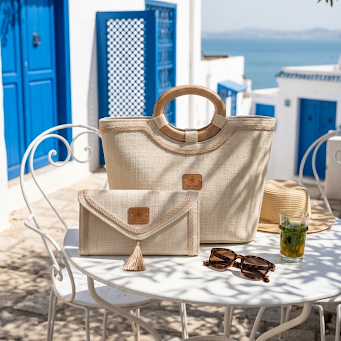 The Royal Artisanat “Médina” Ensemble: Handcrafted Jute Tote Bag & Matching Clutch
