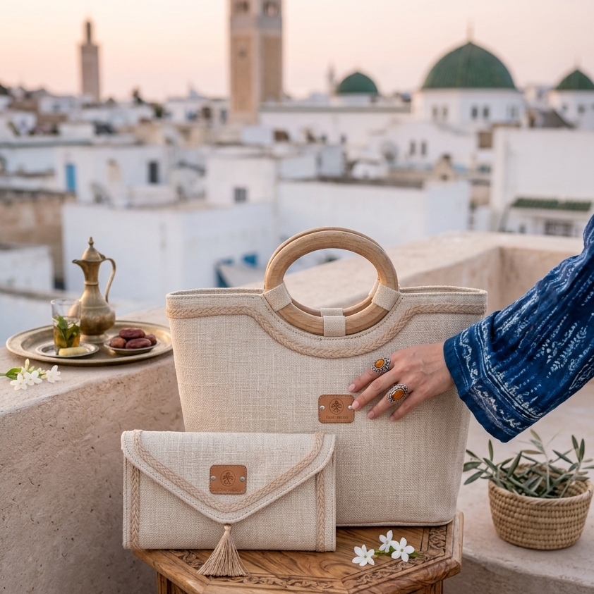 The Royal Artisanat “Médina” Ensemble: Handcrafted Jute Tote Bag & Matching Clutch